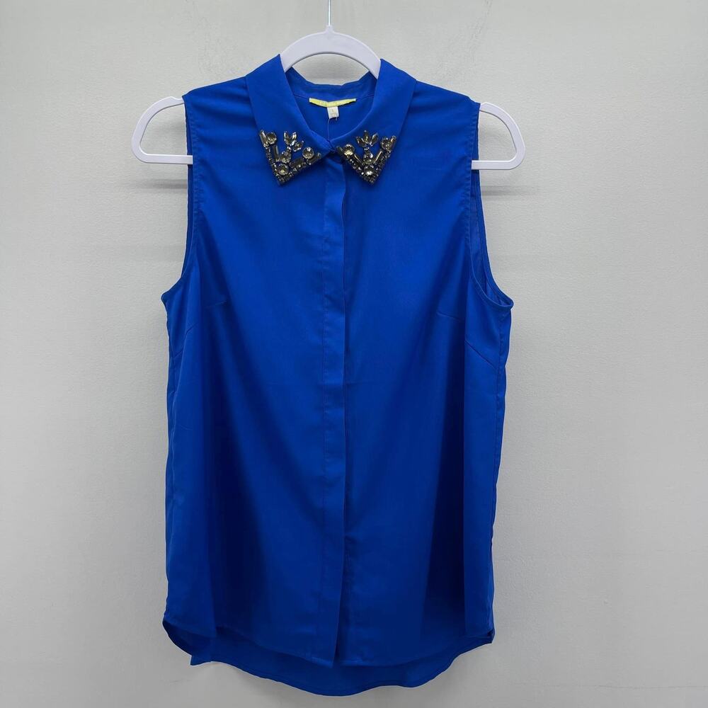 Gianni Bini Sleeveless Blouse LG Blue Chunky Rhinestone Collar Y2K Going Out Top